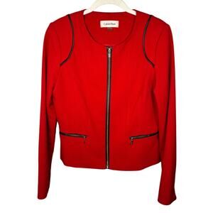 Calvin Klein Red Faux Leather Accent Zip Up Jacket Women's 8